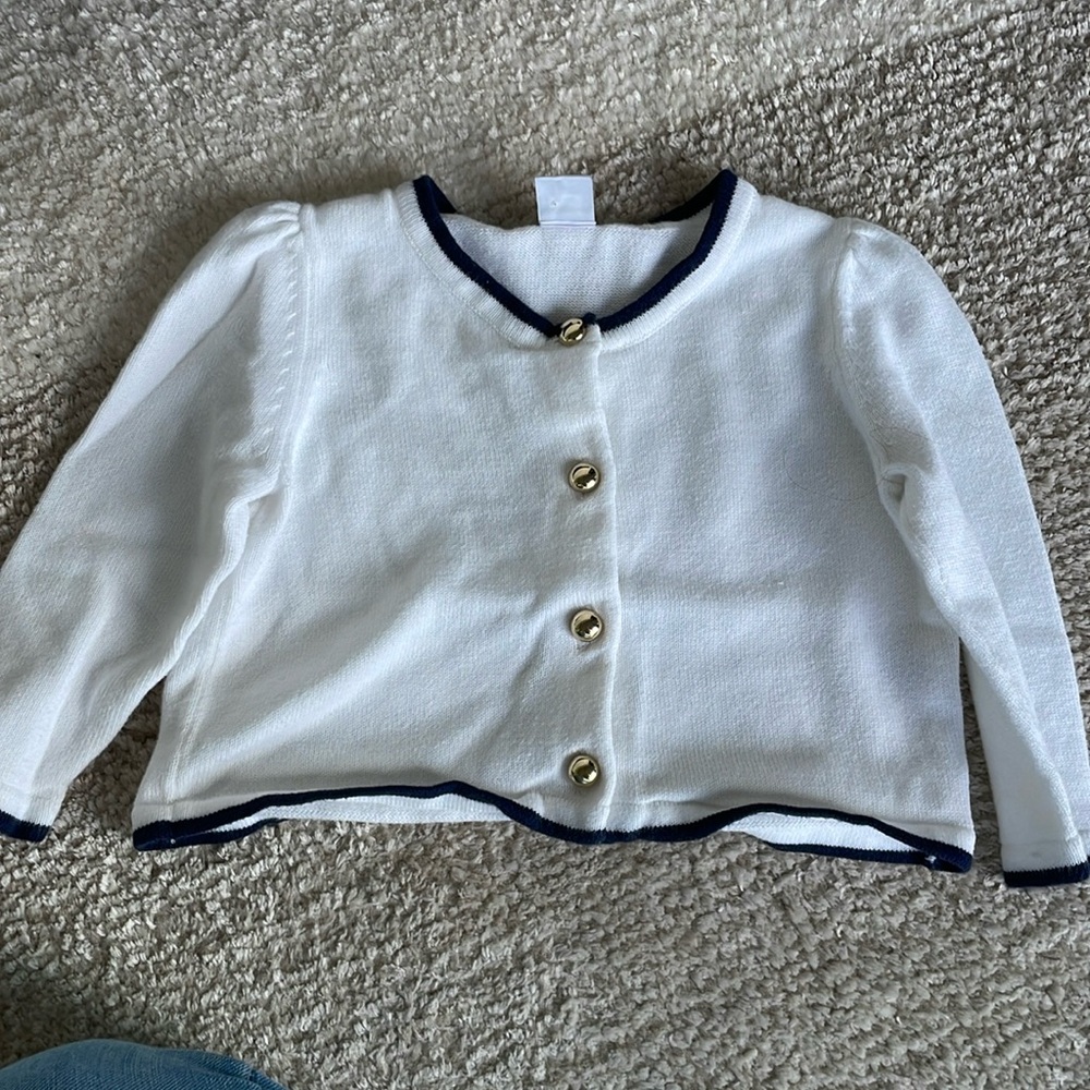 Janie and Jack 6-12 months bright white cardigan sweater with navy outline